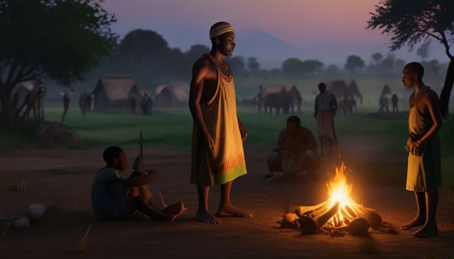 a group of people standing around a campfire