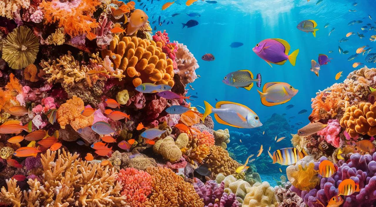 a large group of fish swimming over a colorful coral reef