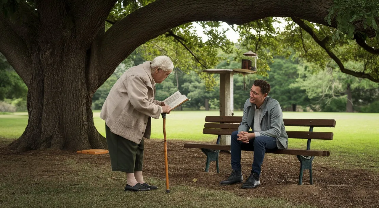 An elderly person with a walking stick shares wisdom through a book with a man on a park bench under a large tree.  In the park scene there is a bird feeder