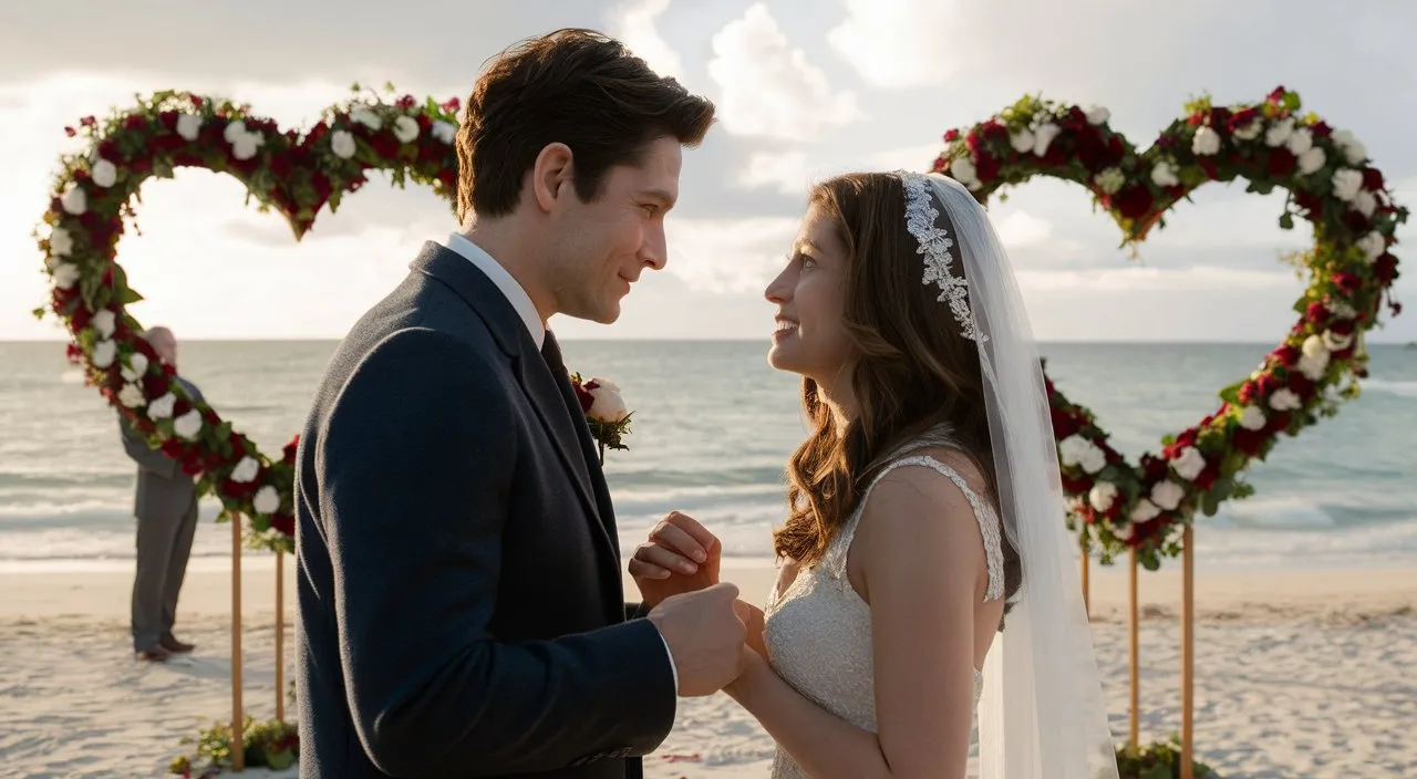 a man and a woman standing next to each other on a beach