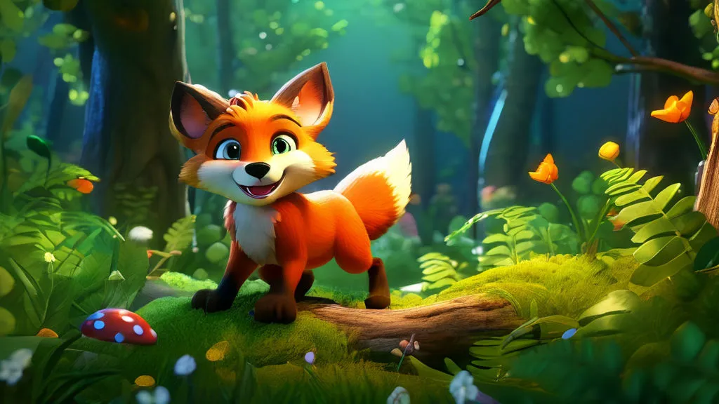 a cartoon cute fox standing in the middle of a forest