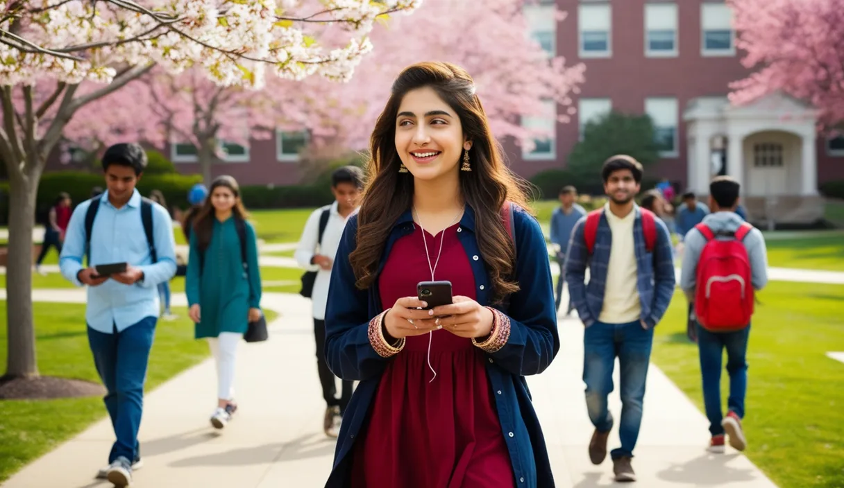 Campus Serenade: On a university campus, a Pakistani girl walking under a blossoming tree, a Bollywood song softly playing from her phone. The 4K wide shot captures students walking by and studying, but her smile and dreamy gaze reveal she is thinking about her boyfriend, who is attending a university in the United States, lost in her own romantic world.