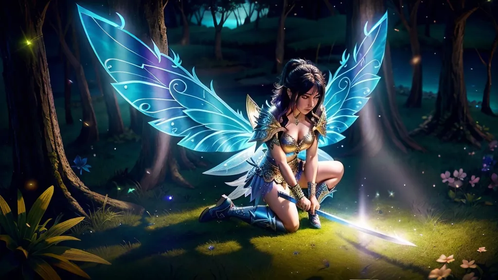 a fairy sitting on the ground with a sword