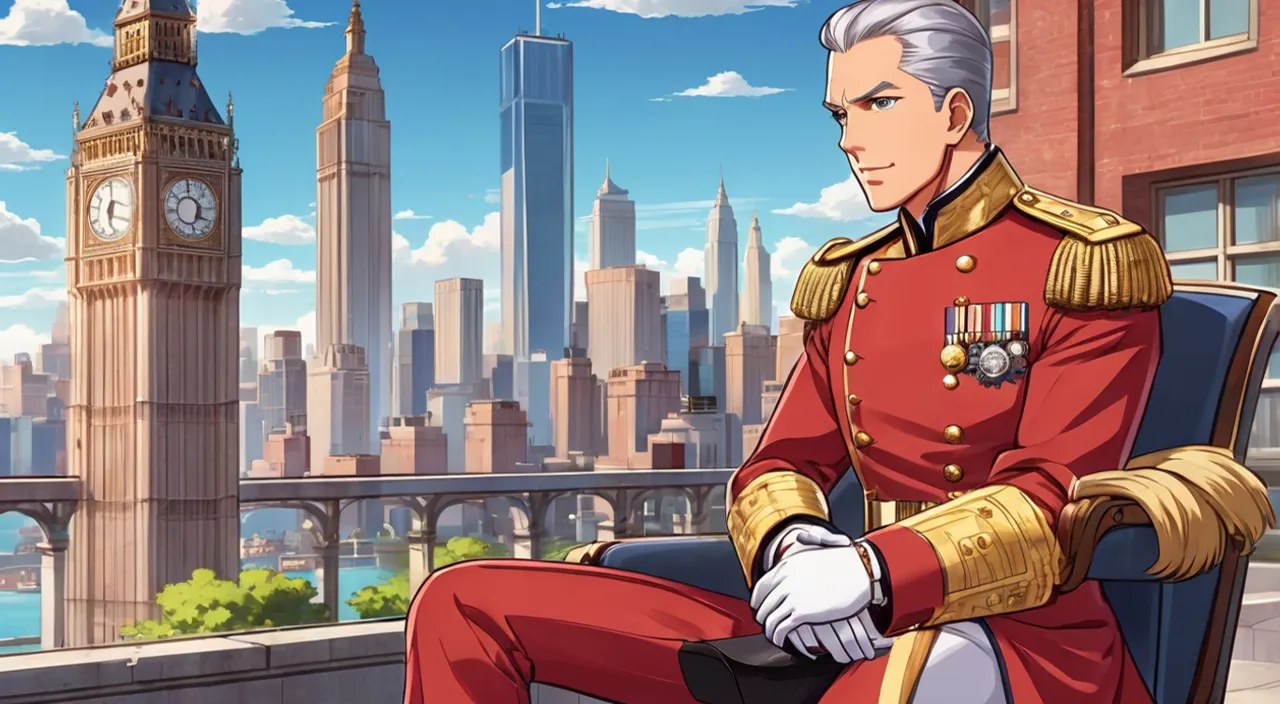 a man in uniform sitting in a chair in front of a city