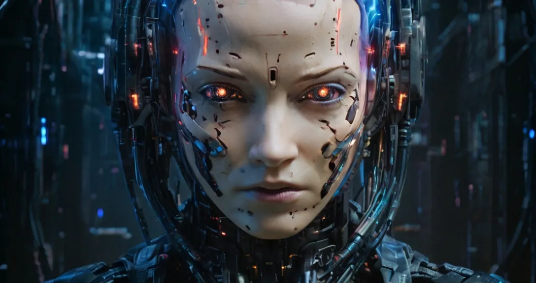 a woman in a futuristic suit with red eyes