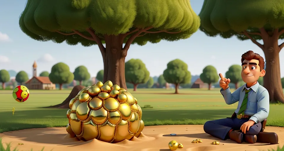 a man sitting on the ground next to a golden egg