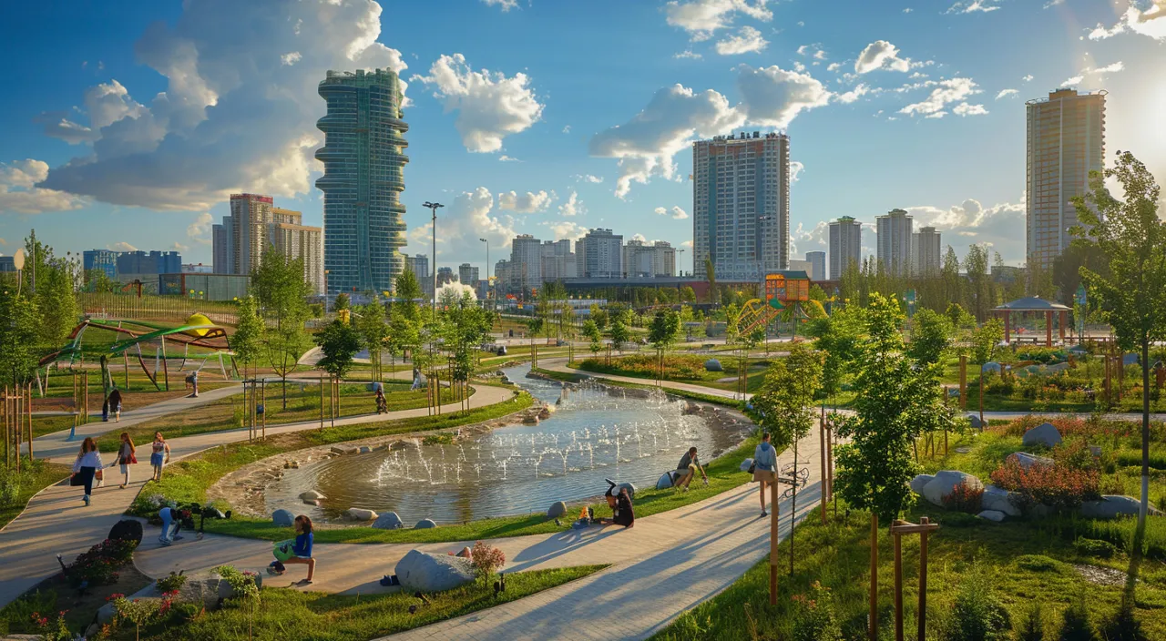 A serene pond in a park during golden hour with a city skyline in the background