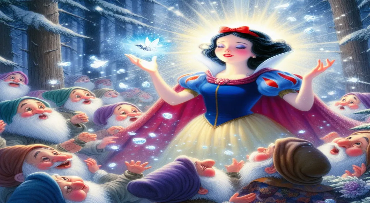 a painting of snow queen surrounded by dwarfs