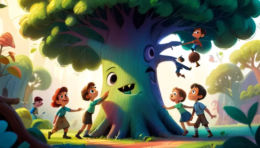 a group of children playing around a tree