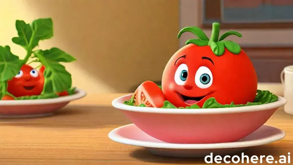 a cartoon tomato sitting in a bowl of lettuce