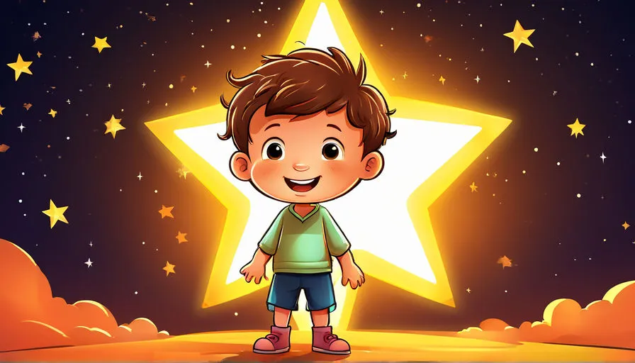 a young boy standing in front of a star