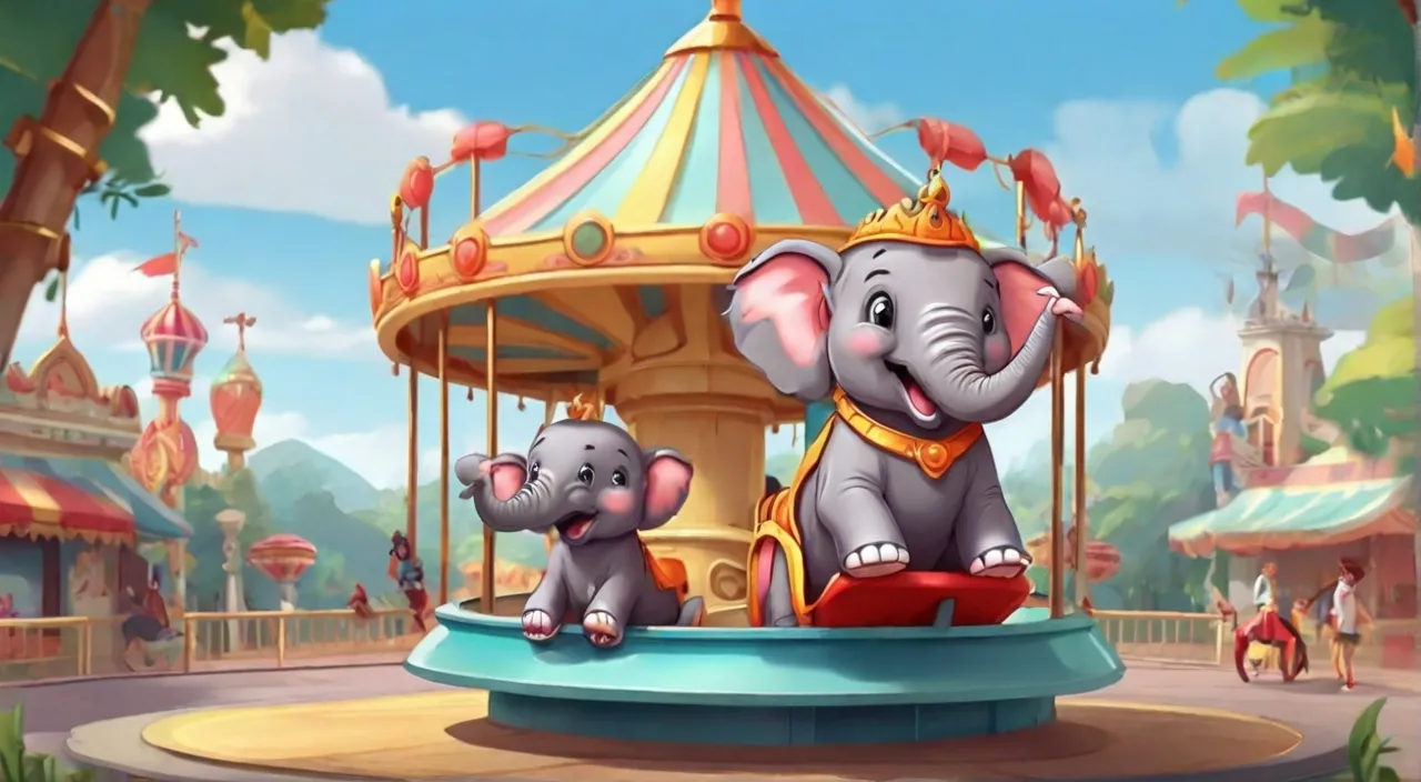 two elephants on a merry go round ride. Cartoon 