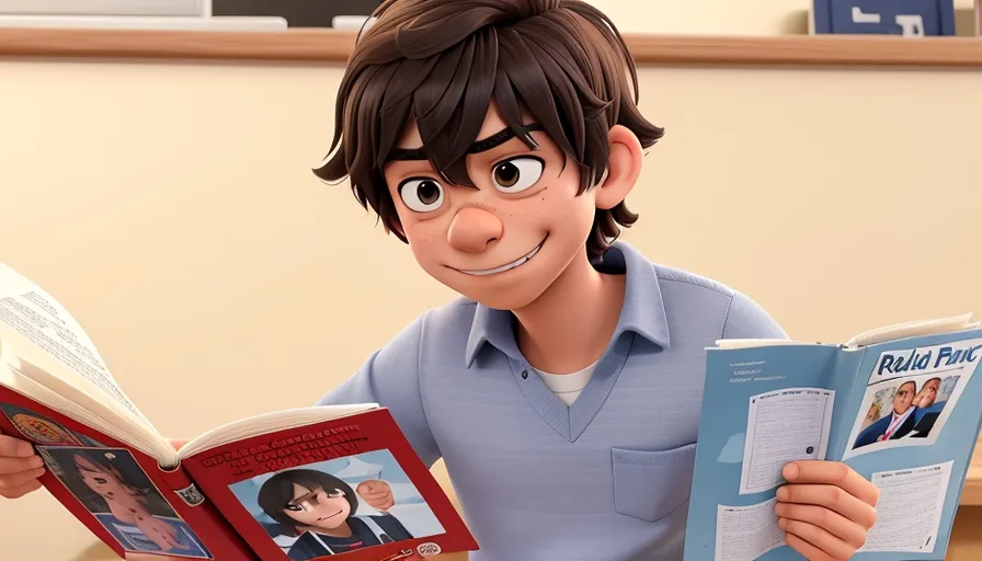 a cartoon character holding a book and smiling