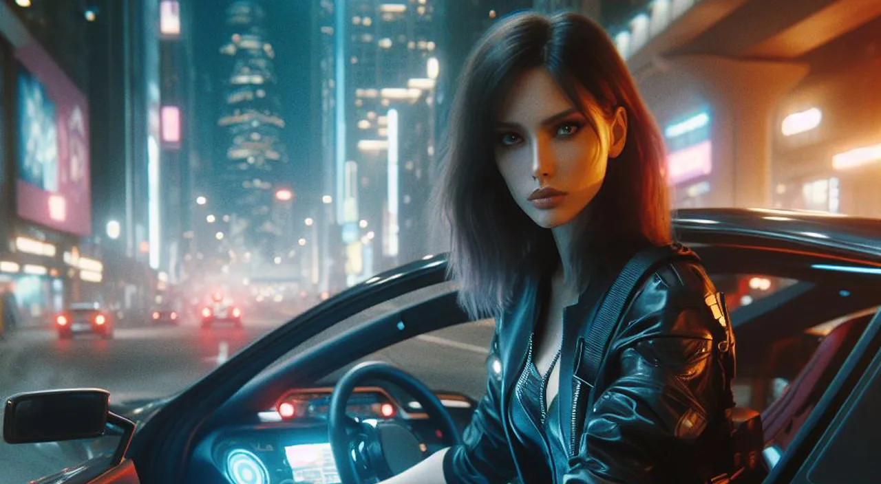 a woman in a leather jacket sitting in a car