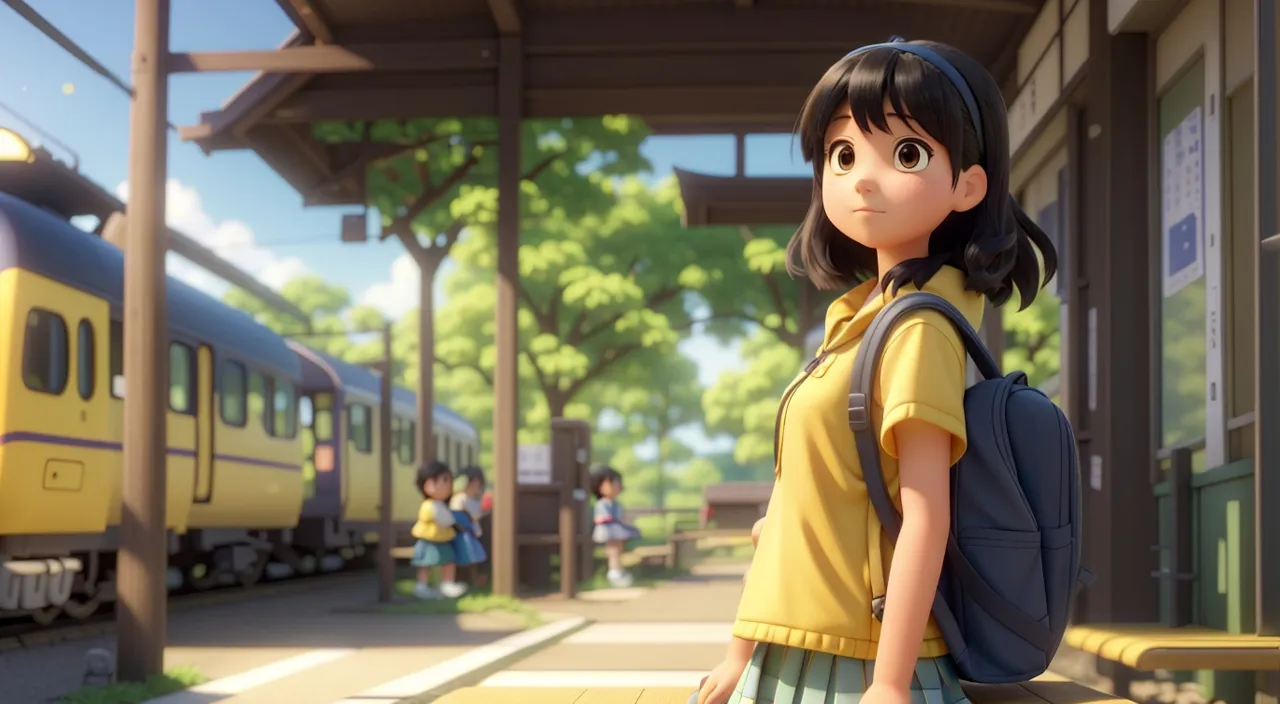 a young girl standing in front of a train station