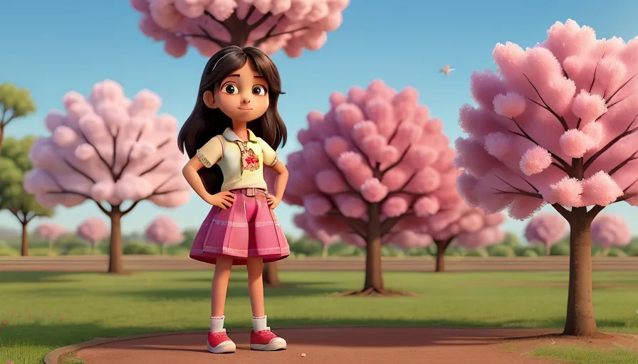 a young girl standing in front of a tree filled with pink flowers