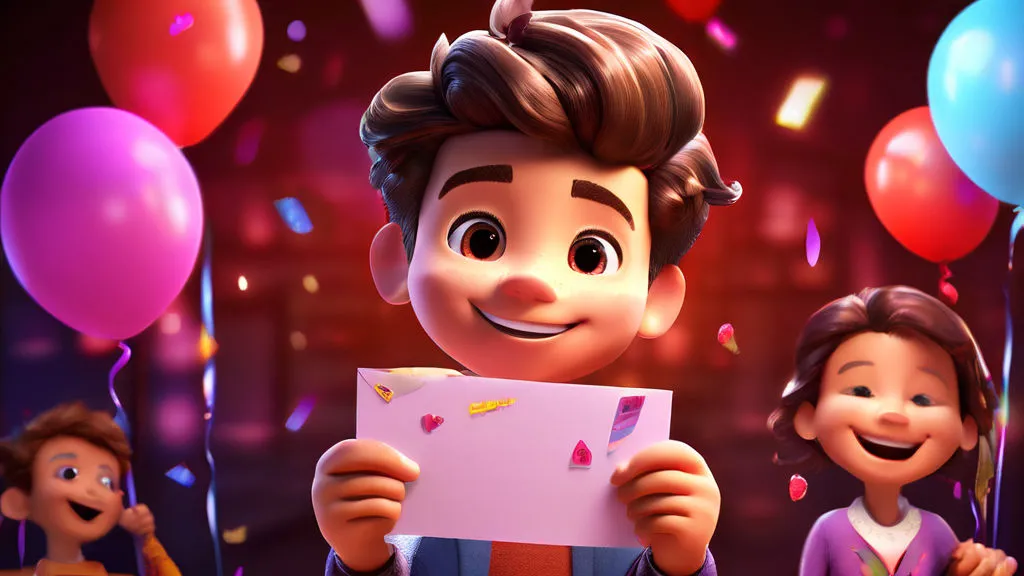 a boy holding a piece of paper in front of a bunch of balloons