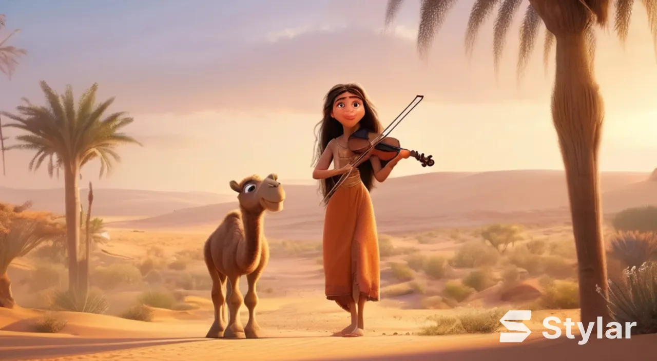 A young and beautiful girl with long hair, the girl smiles and plays the violin in a desert oasis, with a cute camel next to the girl