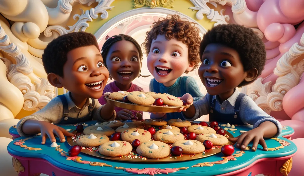 a group of children standing around a table with cookies