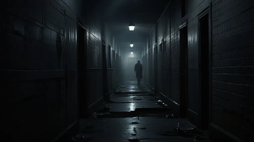 a man walking down a dark hallway at night