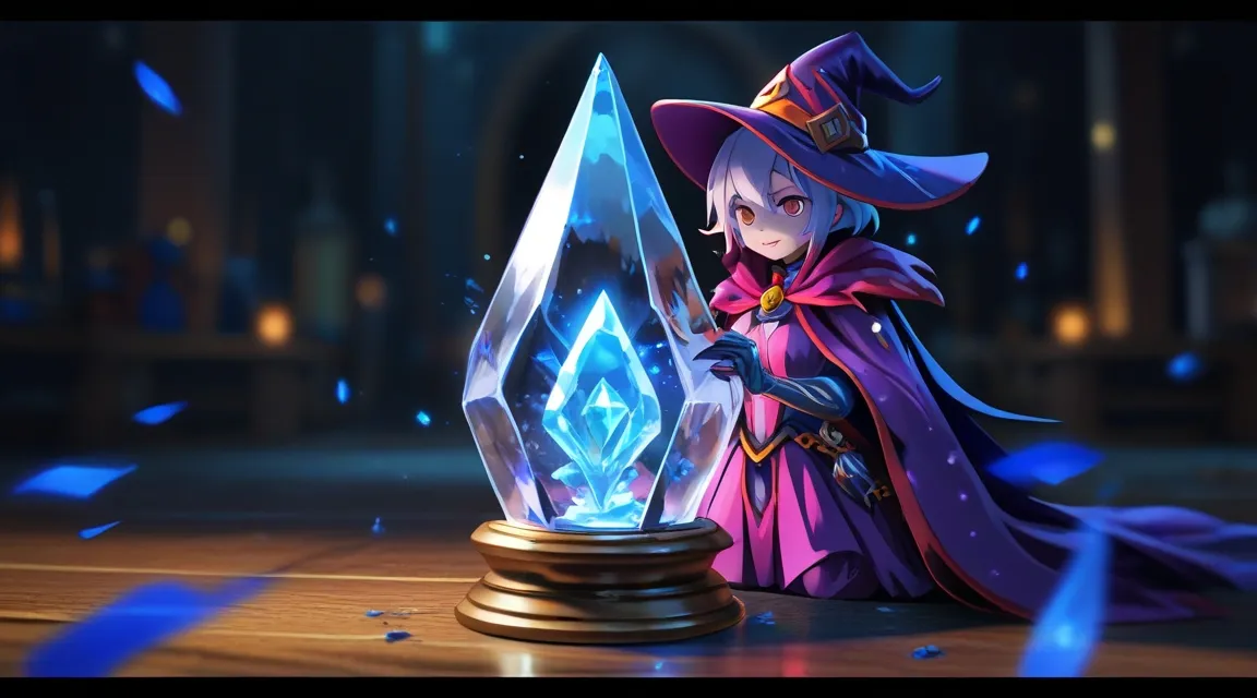 a wizard holding a crystal pyramid on a table