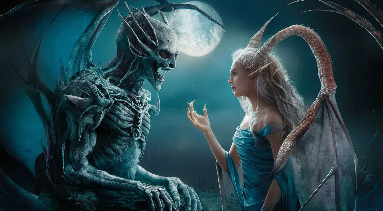 a woman in a blue dress standing next to a demon