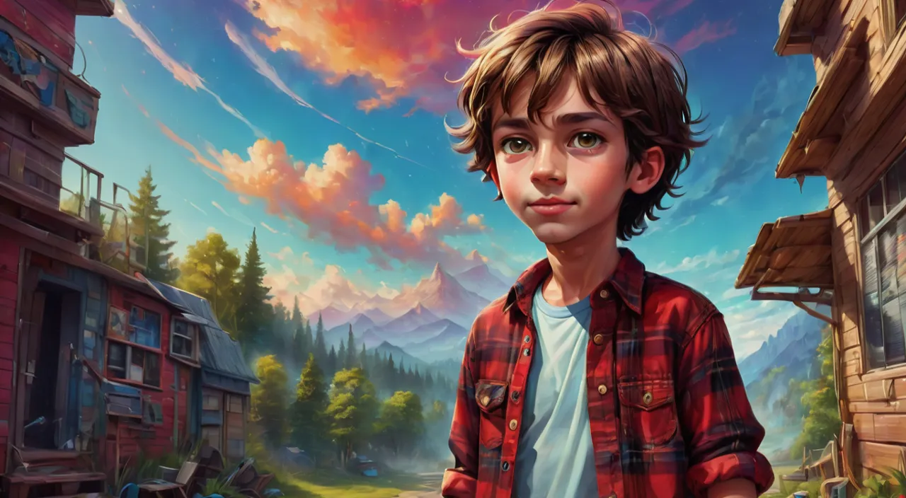 a painting of a boy standing in front of a cabin