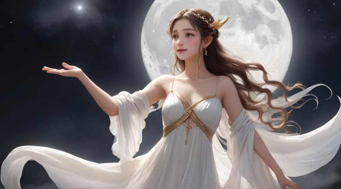 a woman in a white dress standing in front of a full moon and talking