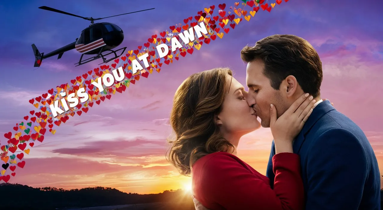 the text "Kiss you at Dawn" appears on a colorful banner full of hearts carried by a helicopter at dawn as the couple kisses passionately