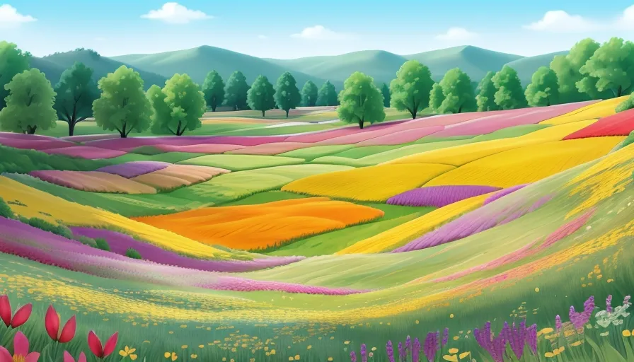 a painting of a field with trees and flowers