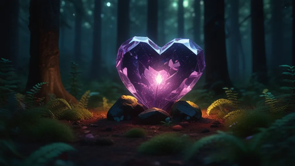 a heart shaped rock in the middle of a forest