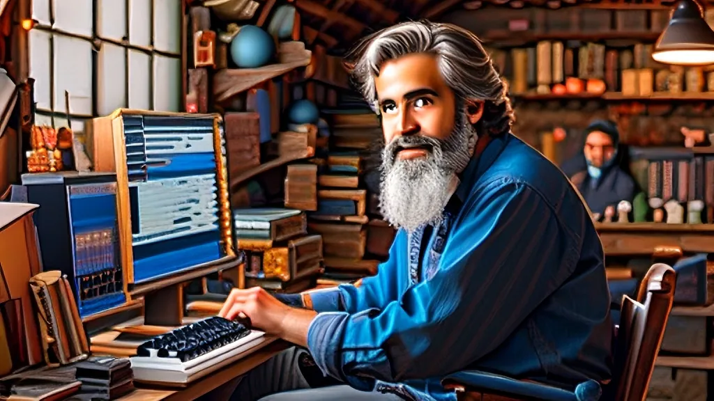 a painting of a man sitting in front of a computer