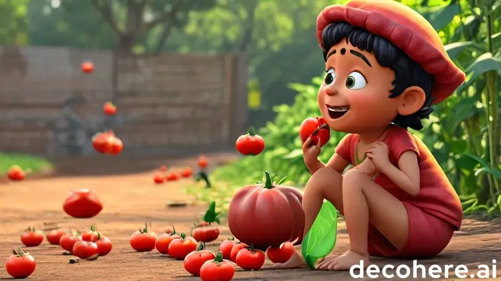 a cartoon character sitting on the ground surrounded by tomatoes