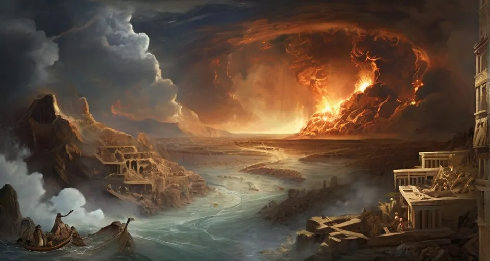 a painting of a huge fire in the sky