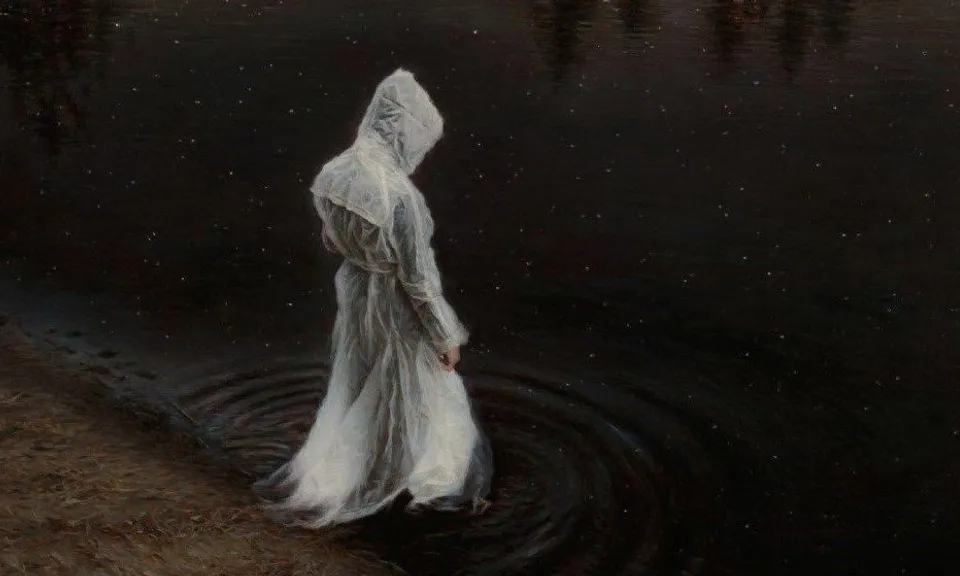 a painting of a woman in a white dress standing in a body of water