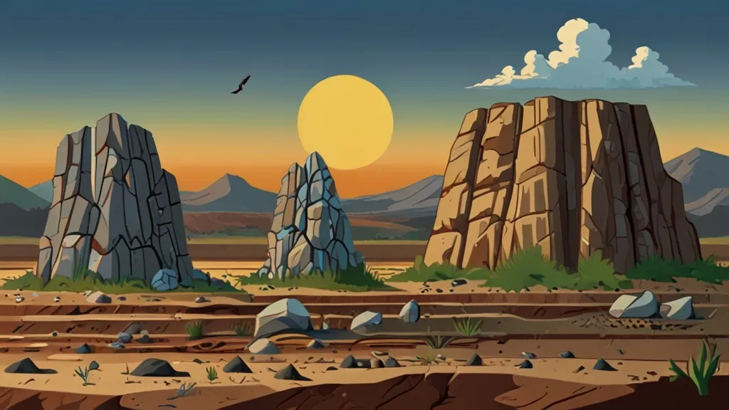 a desert scene with rocks and a bird flying over it