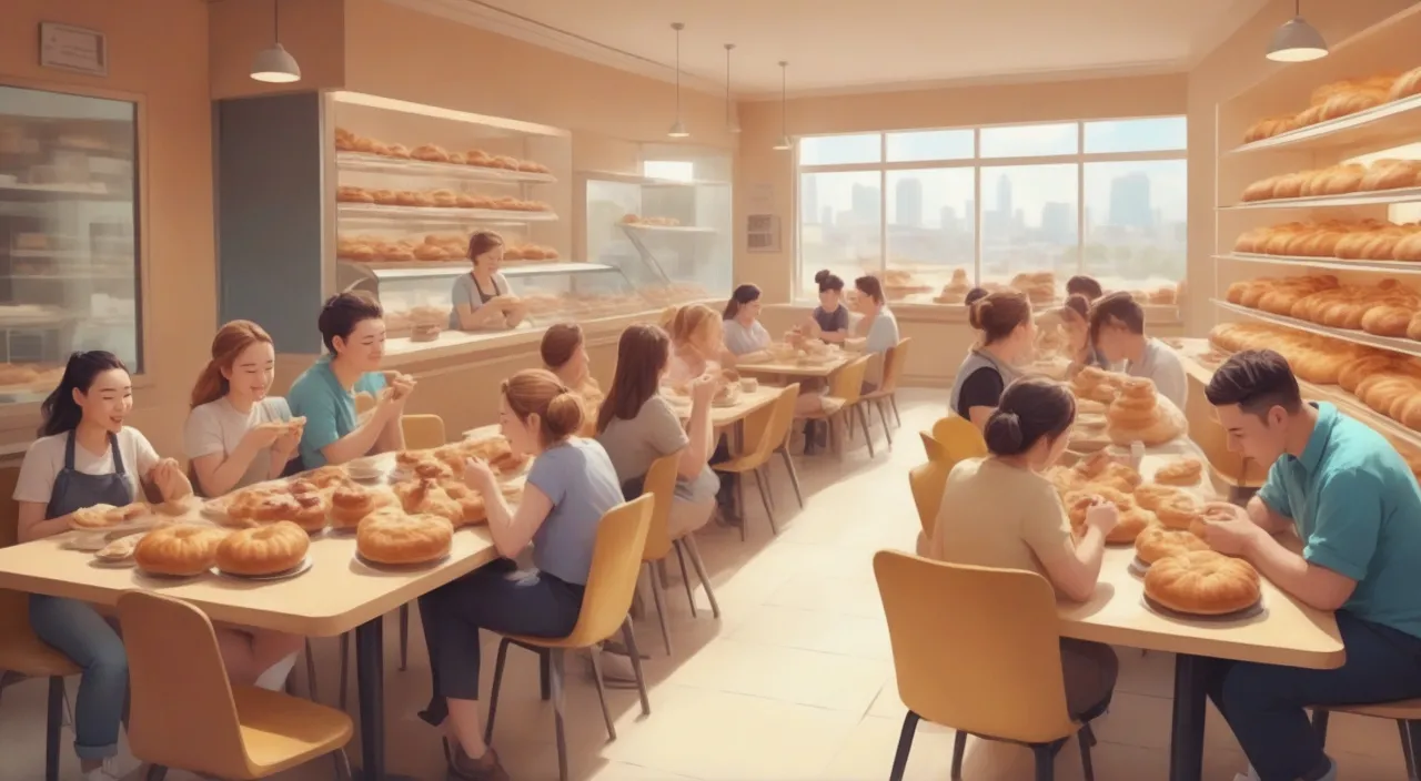 a group of people sitting at a table in a bakery