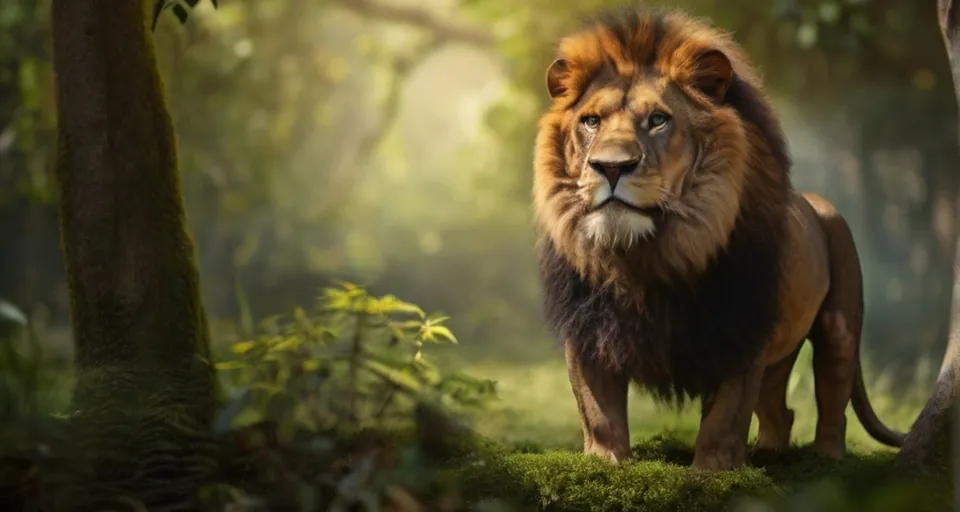 a lion standing in the middle of a forest