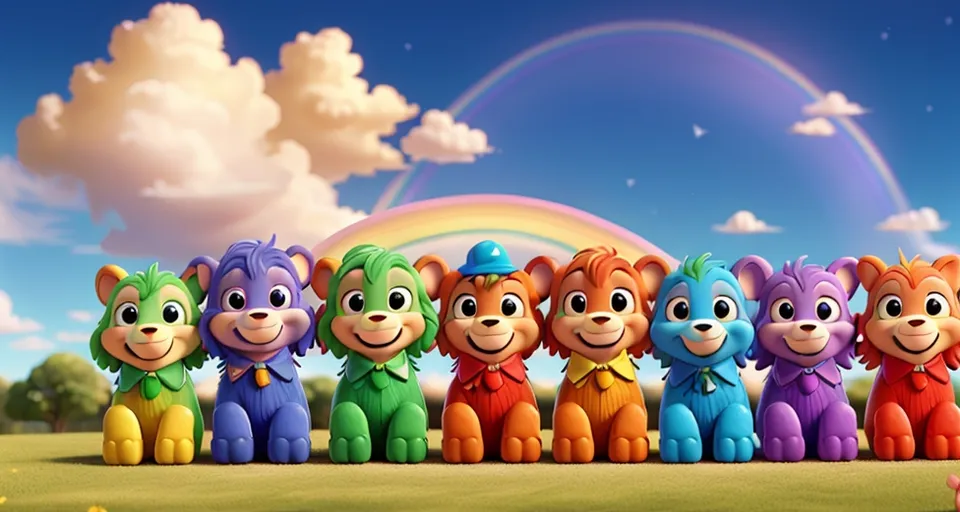 a group of colorful teddy bears standing in front of a rainbow