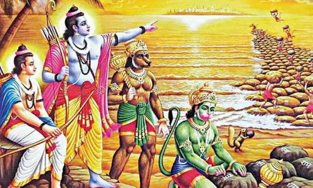 a painting of hindu deities on a beach