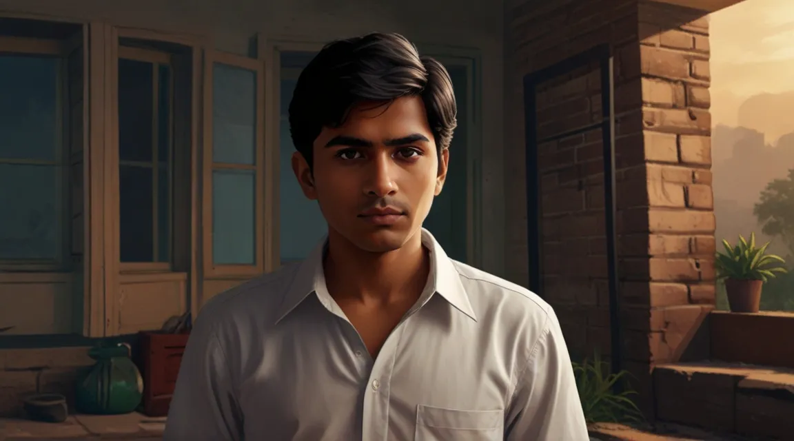 a young man standing in front of a house