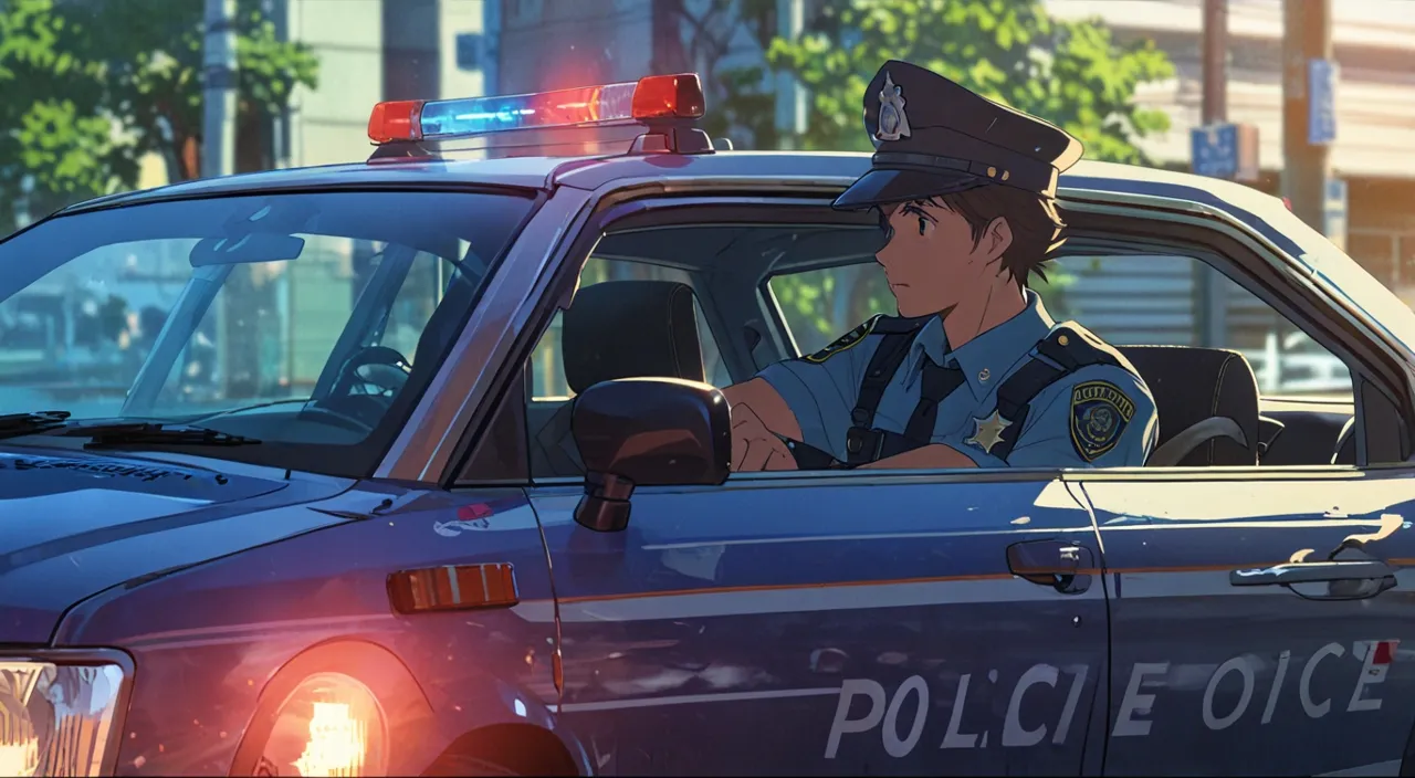 a police officer sitting in the driver's seat of a police car and drive the car