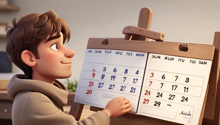 a boy holding a calendar in front of a wooden easel