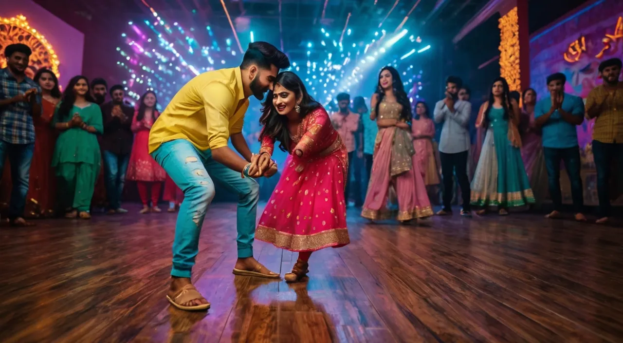 a man and woman dancing on a wooden floor