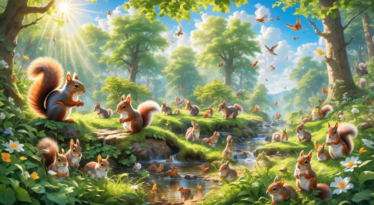 a painting of a forest filled with animals