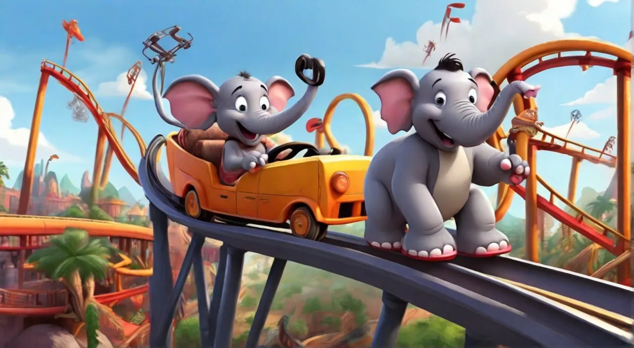 a couple of elephants riding on top of a roller coaster. Cartoon