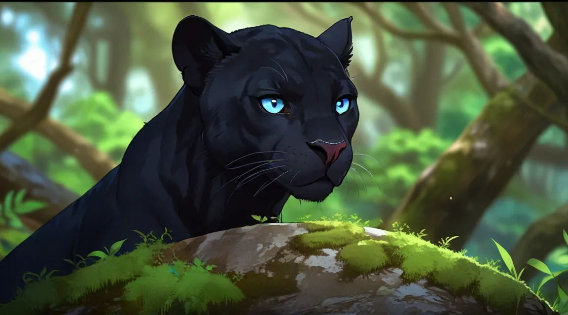 a black panther with blue eyes standing in a forest