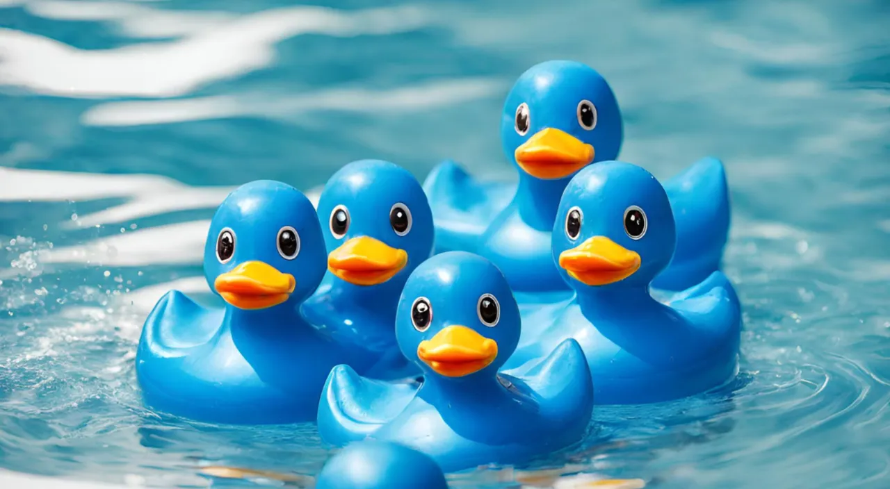 a group of blue rubber ducks floating in a pool