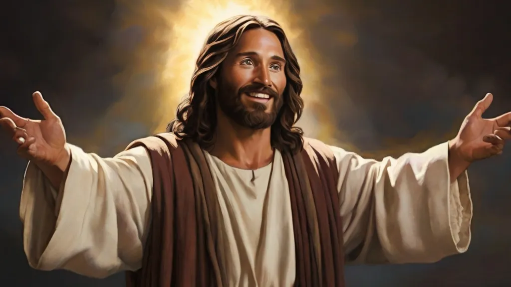 a painting of jesus with his arms outstretched