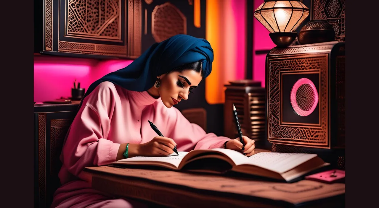 a woman sitting at a table writing on a book